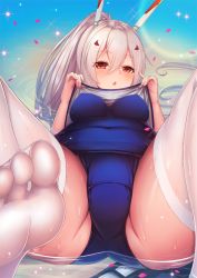 Rule 34 | 1girl, ayanami (azur lane), azur lane, blue one-piece swimsuit, blush, breasts, covered erect nipples, feet, hair between eyes, headgear, long hair, looking at viewer, lying, medium breasts, on back, one-piece swimsuit, parted lips, ponytail, red eyes, school swimsuit, silver hair, soles, solo, swimsuit, thighhighs, water, wet, wet clothes, white thighhighs, yoshiheihe