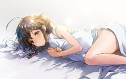Rule 34 | 1girl, 888myrrh888, ahoge, bed sheet, blanket, blue eyes, blush, braid, brown hair, camisole, commentary, feet out of frame, hair flaps, hair ornament, hair ribbon, hairpin, half-closed eyes, kantai collection, long hair, looking at viewer, lying, hugging object, on bed, on side, pillow, pillow hug, ribbon, shigure (kancolle), shigure kai ni (kancolle), single braid, solo, strap slip