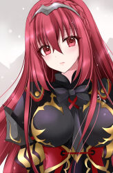 Rule 34 | 1girl, alear (female) (fire emblem), alear (fire emblem), armor, black bow, bow, braid, breasts, closed mouth, commentary request, crown braid, eyelashes, fire emblem, fire emblem engage, gold trim, grey background, hair between eyes, highres, kirishima riona, large breasts, long hair, looking at viewer, nintendo, pink lips, red eyes, red hair, solo, upper body