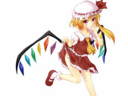 Rule 34 | 1girl, ascot, blonde hair, bobby socks, breasts, clothes lift, collarbone, collared shirt, crystal, east01 06, flandre scarlet, foot out of frame, frilled shirt collar, frilled skirt, frilled vest, frills, hat, hat ribbon, highres, lifted by self, looking at viewer, mary janes, medium hair, multicolored wings, one side up, open mouth, puffy short sleeves, puffy sleeves, red eyes, red ribbon, red skirt, red vest, ribbon, ribbon-trimmed headwear, ribbon trim, shirt, shoes, short sleeves, simple background, skirt, skirt lift, skirt set, small breasts, socks, solo, touhou, vest, white background, white hat, white shirt, white socks, wings, yellow ascot