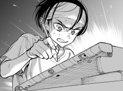 Rule 34 | 1girl, book, clenched teeth, commentary request, eye trail, fire, flaming eyes, from below, furrowed brow, glowing, greyscale, hair between eyes, headband, highres, holding, holding pen, light trail, mada tetsukazu, monochrome, original, pen, serious, shirt, short hair, short sleeves, solo, sweat, t-shirt, table, teeth, upper body