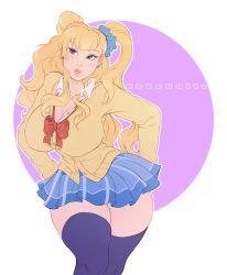 Rule 34 | 1girl, artist name, asymmetrical hair, bad id, bad tumblr id, blonde hair, blue eyes, blue scrunchie, breasts, cardigan, cleavage, contrapposto, cowboy shot, curvy, earrings, eyeshadow, galko, gyaru, hair bun, highres, huge breasts, jewelry, kogal, kokobuttz, large breasts, long hair, looking away, looking to the side, loose neck ribbon, loose neckwear, makeup, miniskirt, neck ribbon, one side up, oshiete! galko-chan, outline, parted lips, pinup (style), plaid, plaid skirt, purple thighhighs, red ribbon, ribbon, school uniform, scrunchie, shirt, side bun, side ponytail, single hair bun, skirt, solo, standing, thick thighs, thighhighs, thighs, white outline, white shirt, zettai ryouiki
