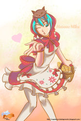 Rule 34 | &gt; &lt;, 1girl, a-bad-idea, alternate costume, aqua eyes, aqua hair, bad idea, basket, blowing kiss, bow, bread, character name, closed eyes, cosplay, dress, food, frilled dress, frills, grimm&#039;s fairy tales, hatsune miku, highres, little red riding hood, little red riding hood (grimm), little red riding hood (grimm) (cosplay), pantyhose, project diva, project diva (series), project diva 2nd, solo, vocaloid, watermark, web address, white pantyhose, wolf