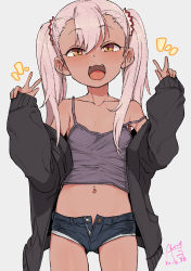 Rule 34 | 1girl, :d, black jacket, blush, breasts, camisole, child, chloe von einzbern, collarbone, dark-skinned female, dark skin, dated, double v, fang, fate/kaleid liner prisma illya, fate (series), female focus, hair between eyes, hair ornament, jacket, long hair, looking at viewer, midriff, navel, no bra, off shoulder, open clothes, open fly, open jacket, open mouth, pink hair, rkrk, short shorts, shorts, signature, simple background, small breasts, smile, solo, standing, stomach, strap slip, tank top, twintails, v, white background, yellow eyes
