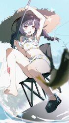 Rule 34 | 1girl, absurdres, ahoge, arm up, barefoot, bikini, blue archive, blue sky, blurry, blurry foreground, braid, chinese commentary, commentary request, day, dutch angle, feet, fish, fishing line, fishing rod, full body, hat, highres, holding, inseki11, knee up, large hat, legs, long hair, miyu (blue archive), miyu (swimsuit) (blue archive), navel, open mouth, pink eyes, print bikini, purple hair, shoes, single shoe, sitting, sky, soles, solo, starfish, straw hat, swimsuit, teeth, thighs, toenails, toes, twin braids, upper teeth only, white bikini