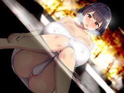 Rule 34 | 1girl, anus, anus only, ass, bare shoulders, black hair, blurry, blurry background, blush, breasts, cleavage, cleft of venus, huge breasts, mature female, munashi mujou, onsen, open mouth, original, partially submerged, partially underwater shot, pussy, pussy peek, red eyes, short hair, solo, steam, thighs, towel, underwater, water