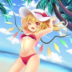 Rule 34 | 1girl, ;d, adjusting clothes, adjusting headwear, alternate costume, alternate headwear, armpits, arms up, beach, bikini, blonde hair, blush, bow, breasts, coconut tree, cowboy shot, crystal, day, fang, flandre scarlet, hat, hat bow, long hair, looking at viewer, navel, one eye closed, open mouth, outdoors, palm tree, red bikini, red bow, red eyes, rimu (kingyo origin), side ponytail, small breasts, smile, solo, stomach, sun hat, swimsuit, touhou, tree, underboob, wings