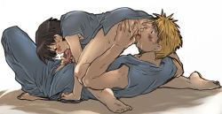 Rule 34 | 2boys, 69, aged down, anus, blonde hair, blush, censored, clothed sex, fullmetal alchemist, hospital gown, jean havoc, male focus, multiple boys, oral, penis, roy mustang, simple background, sweat, yaoi