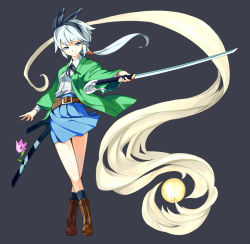 Rule 34 | 1girl, aged up, alternate costume, alternate hairstyle, belt, blue eyes, boots, cross-laced footwear, female focus, full body, ghost, hairband, hitodama, katana, konpaku youmu, konpaku youmu (ghost), lace-up boots, ponytail, scabbard, semido, semidou jun, sheath, short hair, silver hair, simple background, skirt, smile, solo, sword, touhou, weapon