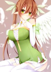 Rule 34 | 1girl, bloodcatblack, blush, breasts, bridal gauntlets, brown hair, elf, garter straps, gloves, green eyes, hair ribbon, large breasts, long hair, looking at viewer, original, pointy ears, ribbon, sitting, solo, thighhighs, twintails, very long hair, white gloves, white thighhighs, wings, yokozuwari
