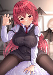 Rule 34 | 1boy, 1girl, :q, bat wings, blurry, blurry background, blush, breasts, claw pose, fingernails, hand up, head wings, highres, indoors, koakuma, large breasts, long hair, looking at viewer, necktie, pantyhose, pink eyes, pov, red hair, red necktie, reijing etrn, solo focus, tongue, tongue out, touhou, very long hair, wings