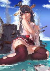 Rule 34 | 10s, 1girl, bare arms, black hair, blush, bojue yu yaojing 695657, breast hold, breasts, brown eyes, cleavage, damaged, haruna (kancolle), highres, japanese clothes, kantai collection, legs, long hair, looking at viewer, nontraditional miko, panties, pantyhose, sitting, skirt, solo, thighhighs, torn clothes, torn legwear, underwear, water, yokozuwari