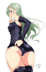 Rule 34 | 10s, 1girl, 2014, adjusting clothes, adjusting leotard, adjusting swimsuit, alp, ass, black thighhighs, blue eyes, blush, bodysuit, breasts, cowboy shot, dated, detached sleeves, earrings, elizabeth liones, embarrassed, fingerless gloves, from behind, from below, gloves, green hair, hair over one eye, hand to own mouth, jewelry, legs together, leotard, long hair, looking at viewer, looking back, nanatsu no taizai, one-piece swimsuit, open mouth, signature, silver hair, simple background, skin tight, solo, standing, surprised, swimsuit, teeth, thigh gap, thighhighs, thighs, upper teeth only, white background