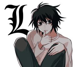 Rule 34 | 1boy, artist name, bags under eyes, black eyes, black hair, character name, claireiosity, death note, eyebrows, fingernails, hair between eyes, highres, l (death note), long sleeves, male focus, messy hair, pale skin, pants, parted lips, shirt, short hair, simple background, sleeves past elbows, solo, solo focus, squatting, teeth, thinking, twitter username, watermark, white background, white shirt