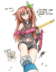 Rule 34 | 10s, 3girls, anger vein, annoyed, belt, black gloves, black shirt, black shorts, blade, blonde hair, blood, blue footwear, blush, boots, braid, brown hair, camera, character name, chibi, chibi inset, commentary, d-pad, elbow gloves, english text, female focus, flying sweatdrops, gloves, green eyes, grimgerde (gundam tekketsu no orphans), groin, gundam, gundam tekketsu no orphans, hair between eyes, hair ornament, hands on own hips, holding, holding camera, if (neptunia), isaki tanaka, long hair, looking at viewer, multiple girls, navel, neptune (neptunia), neptune (series), nosebleed, o o, one side up, parted lips, purple hair, shirt, short hair, shorts, simple background, sleeves past wrists, solo focus, sparkle, vert (neptunia), very long hair, weapon, white background