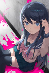Rule 34 | 1girl, against wall, black hair, black skirt, black thighhighs, blood, blue eyes, blue sailor collar, blush, bow, breasts, closed mouth, collarbone, commentary request, danganronpa: trigger happy havoc, danganronpa (series), from above, grey shirt, hair ornament, hairclip, hand up, highres, knees together feet apart, large bow, long sleeves, looking at viewer, looking up, maizono sayaka, medium breasts, miniskirt, neckerchief, on floor, pink blood, pink bow, plaid, plaid skirt, pleated skirt, sailor collar, seon (seonon ), shirt, sitting, skirt, solo, swept bangs, thighhighs, zettai ryouiki