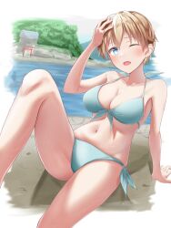 Rule 34 | 1girl, arm support, bikini, blonde hair, blue bikini, blue eyes, blush, brave witches, breasts, cleavage, collarbone, hand on own head, highres, iwabuchi501, large breasts, looking at viewer, navel, nikka edvardine katajainen, one eye closed, open mouth, outdoors, short hair, side-tie bikini bottom, solo, swimsuit, world witches series