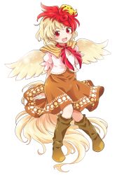 Rule 34 | 1girl, :d, arms behind back, bird, bird wings, blonde hair, blush, boots, brown dress, brown footwear, capelet, chick, dress, full body, head tilt, highres, knee boots, knees together feet apart, layered dress, multicolored hair, neck ribbon, niwatari kutaka, open mouth, pote (ptkan), puffy short sleeves, puffy sleeves, red eyes, red hair, red ribbon, ribbon, short hair, short sleeves, simple background, sitting, sitting on hand, smile, solo, tail, touhou, two-tone hair, white background, wings