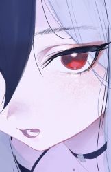 Rule 34 | 1girl, black hair, blue archive, blush, choker, close-up, grey hair, hair between eyes, highres, kayoko (blue archive), looking at viewer, mole, multicolored hair, open mouth, red eyes, s2j00, sketch, solo, teeth, two-tone hair