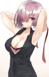 Rule 34 | 1girl, armpits, arms up, bra, breasts, cleavage, closed mouth, collarbone, fate/grand order, fate (series), gradient background, hair over one eye, highres, large breasts, mash kyrielight, necktie, unworn necktie, pink bra, purple eyes, purple hair, shirt, shunichi, simple background, sleeveless, sleeveless shirt, smile, solo, unbuttoned, unbuttoned shirt, underwear