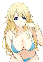 Rule 34 | 1girl, atago (kancolle), bikini, blonde hair, blue bikini, blue eyes, breasts, cleavage, closed mouth, collarbone, dated, hand up, kantai collection, large breasts, leaning forward, long hair, looking at viewer, navel, nikuoji, simple background, smile, solo, swimsuit, tareme, twitter username, upper body, white background