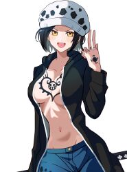 Rule 34 | 1girl, :d, absurdres, black hair, blue pants, breast tattoo, breasts, breasts apart, chest tattoo, coat, collarbone, contrapposto, cowboy shot, denim, dot nose, earrings, finger tattoo, fur hat, genderswap, genderswap (mtf), groin, hand tattoo, hand up, hat, highres, holding, holding sword, holding weapon, hood, hooded coat, jaguar print, jeans, jewelry, long sleeves, medium breasts, navel, no undershirt, one piece, open clothes, open coat, open mouth, panther print, pants, short hair, simple background, smile, solo, sori 6403, standing, sword, tattoo, teeth, tongue, trafalgar law, upper teeth only, w, weapon, white background, yellow eyes