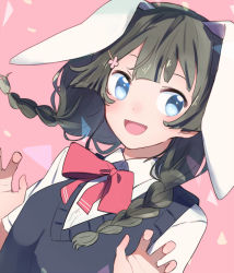 Rule 34 | 1girl, animal ears, black hair, black sweater vest, blue eyes, bow, bowtie, braid, collared shirt, commentary request, dutch angle, flower, hair flower, hair ornament, hands up, long hair, looking at viewer, nijisanji, open mouth, pink background, rabbit ears, red bow, red bowtie, school uniform, shirt, short sleeves, smile, solo, sou (tuhut), sweater vest, tsukino mito, tsukino mito (3rd costume), twin braids, upper body, virtual youtuber, white shirt