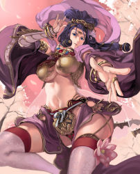Rule 34 | 1girl, bad id, bad pixiv id, blue eyes, blue hair, bracelet, bridal gauntlets, cherry blossoms, dancing, flower, hair ornament, jewelry, long hair, looking at viewer, looking down, midriff, navel, parted lips, ring, thighhighs, thighs, tree, ts ak, white thighhighs, wide sleeves