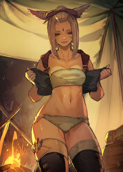 Rule 34 | 1girl, animal ears, warrior of light (ff14), bow, breasts, cat ears, closed mouth, collarbone, facial mark, final fantasy, final fantasy xiv, forehead jewel, grey hair, hair bow, half-closed eyes, hide (hideout), highres, kneeling, light smile, lips, long hair, looking down, medium breasts, miqo&#039;te, mole, mole under eye, navel, no pants, panties, solo, stomach, strapless, thighhighs, tube top, underwear, undressing, vest, whisker markings