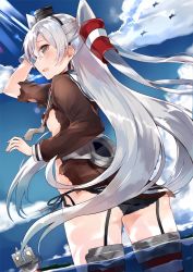 Rule 34 | 10s, 1girl, :o, absurdres, amatsukaze (kancolle), arm up, ass, bad id, bad twitter id, bird, black hat, black panties, blue sky, blush, breasts, brown eyes, brown shirt, candy, cloud, cowboy shot, day, dutch angle, empty eyes, food, from behind, gloves, hair tubes, hairband, hand in own hair, hat, highres, horizontal-striped legwear, kantai collection, kou mashiro, light rays, long hair, long sleeves, looking back, machinery, mini hat, o o, ocean, open mouth, outdoors, panties, rensouhou-kun, robot, sailor collar, school uniform, serafuku, shirt, side-tie panties, silver hair, single glove, sky, small breasts, solo, striped clothes, striped thighhighs, tareme, teardrop, tears, thigh strap, thighhighs, thighs, torn clothes, torn shirt, turret, twintails, two side up, underwear, very long hair, wading, water, white gloves