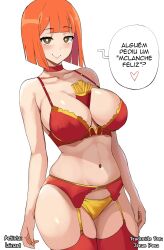 Rule 34 | artist name, blush, brown eyes, heart, highres, lainart, looking at viewer, mcdonald&#039;s, mother (yoru mac), non-web source, orange hair, portuguese text, short hair, simple background, third-party edit, translated, white background