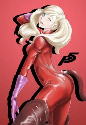 Rule 34 | 1girl, arm behind head, ass, blonde hair, blue eyes, bodysuit, boots, breasts, cat tail, earrings, fake tail, full-length zipper, gloves, highres, jewelry, latex, looking at viewer, markus moeller, medium breasts, no mask, one eye closed, open mouth, persona, persona 5, pink gloves, red background, red bodysuit, red footwear, smile, solo, stud earrings, tail, takamaki anne, thigh boots, thighhighs, zipper