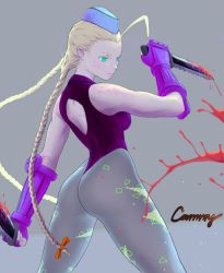 Rule 34 | 1girl, ahoge, alternate costume, aqua eyes, ass, back cutout, bad id, bad pixiv id, bare shoulders, blonde hair, blood, blood splatter, bloody knife, braid, breasts, cammy white, capcom, character name, clothing cutout, combat knife, dual wielding, elbow gloves, expressionless, fingerless gloves, freckles, garrison cap, gloves, grey pantyhose, hair ribbon, hat, holding, huge ahoge, knife, leotard, lips, lipstick, long hair, low-tied long hair, makeup, moke-re-mubenbe, pantyhose, patterned legwear, print pantyhose, reverse grip, ribbon, solo, street fighter, thong leotard, toned, twin braids, weapon