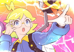 Rule 34 | 1boy, adjusting eyewear, ahoge, backpack, bag, blonde hair, blue eyes, blue jumpsuit, clemont (pokemon), commentary request, creatures (company), electricity, game freak, glasses, grey eyes, hand up, highres, jumpsuit, long sleeves, male focus, mechanical arms, medium hair, nintendo, open mouth, pointing, pokemon, pokemon xy, round eyewear, solo, teeth, tongue, tudurimike, upper teeth only, white bag