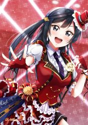 Rule 34 | 1girl, absurdres, black hair, breasts, carnation, collared shirt, earrings, fingerless gloves, flower, frilled shirt, frilled skirt, frills, gloves, grey eyes, hair ornament, hairclip, hat, highres, huge filesize, idol, jewelry, long hair, looking at viewer, love live!, love live! nijigasaki high school idol club, medium breasts, mini hat, necktie, nota ika, open hand, open mouth, outstretched arm, plaid, plaid skirt, red gloves, shirt, skirt, smile, solo, suspender skirt, suspenders, yuki setsuna (love live!)
