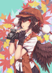 Rule 34 | 1girl, alternate headwear, autumn, autumn leaves, belt, black gloves, black hair, black skirt, brown hat, buttons, camera, collared shirt, cross-laced clothes, eyebrows, eyelashes, eyewear on head, feathered wings, fingerless gloves, ginkgo tree, gloves, hair between eyes, hat, holding, holding camera, leaf, leaf print, lips, looking at viewer, maple leaf, mumulatte, parted lips, pointy ears, pom pom (clothes), puffy short sleeves, puffy sleeves, red eyes, shameimaru aya, shirt, short hair, short sleeves, skirt, solo, touhou, upper body, vest, wings