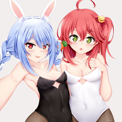 Rule 34 | 2girls, ahoge, alternate costume, animal ear fluff, animal ears, bare arms, bare shoulders, bell, black leotard, blue hair, blush, braid, breasts, brown legwear, carrot hair ornament, chestnut mouth, chrisandita, cleavage, collarbone, commentary, covered navel, food-themed hair ornament, green eyes, grey background, hair bell, hair between eyes, hair ornament, hairclip, hololive, jingle bell, leotard, long hair, looking at viewer, medium breasts, multicolored hair, multiple girls, one side up, pantyhose, parted lips, playboy bunny, rabbit ears, reaching, reaching towards viewer, red eyes, red hair, sakura miko, selfie, short eyebrows, simple background, small breasts, smile, strapless, strapless leotard, thick eyebrows, twin braids, twintails, two-tone hair, usada pekora, usada pekora (1st costume), virtual youtuber, white hair, white leotard, x hair ornament