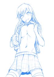 Rule 34 | 10s, 1girl, alisa ilinichina amiella, blue theme, boots, breasts, god eater, god eater burst, large breasts, long hair, maydrawfag, midriff, monochrome, navel, necktie, no bra, non-web source, open clothes, open shirt, plaid, plaid skirt, pleated skirt, shirt, skirt, solo, thigh boots, thighhighs, undressing, zettai ryouiki