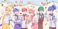 Rule 34 | 10s, 6+boys, apple, apron, bad id, bad pixiv id, beret, blonde hair, blue eyes, blue hair, blueberry, bow, brothers, chef, chef hat, cherry, cookie, crepe, cupcake, f6 (osomatsu-san), food, fruit, green hair, hat, heiwa (murasiho), highres, honey, lime (fruit), looking at another, looking at viewer, macaron, male focus, matsuno choromatsu, matsuno ichimatsu, matsuno jyushimatsu, matsuno karamatsu, matsuno osomatsu, matsuno todomatsu, multiple boys, open mouth, orange (fruit), osomatsu-kun, osomatsu-san, pancake, pink eyes, pink hair, plate, purple eyes, purple hair, red hair, ribbon, sextuplets, siblings, sleeves past wrists, smile, spoon, strawberry, toque blanche, waist apron