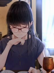 Rule 34 | 1girl, black hair, blurry, blurry background, closed mouth, cup, earrings, expressionless, glasses, grey shirt, hand on own chin, hand up, highres, indoors, jewelry, long hair, looking down, mole, mole under eye, nail polish, necklace, original, red-framed eyewear, saitou (lynx-shrike), shirt, short sleeves, sitting, solo, watch, window