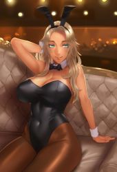 Rule 34 | 1girl, animal ears, aqua eyes, arm support, arm up, bare shoulders, black leotard, blonde hair, blurry, blurry background, breasts, cleavage, closed mouth, commentary request, couch, covered navel, damegane, dark-skinned female, dark skin, detached collar, fake animal ears, highres, indoors, large breasts, leotard, lisp, long hair, looking to the side, original, pantyhose, parted bangs, playboy bunny, rabbit ears, shiny clothes, shiny skin, smile, solo, strapless, strapless leotard, tan, wrist cuffs