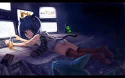 Rule 34 | 1girl, :o, animal ears, bad id, bad pixiv id, blue hair, book, cat ears, cat tail, chinese text, computer, curly hair, flat chest, glowing, juice, keyboard (computer), legs, lying, observerz, on stomach, original, panties, short hair, solo, speaker, strap slip, striped clothes, striped panties, striped thighhighs, tail, thighhighs, underwear, wallpaper