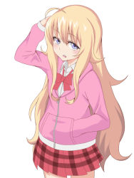 Rule 34 | 10s, 1girl, ahoge, blonde hair, blue eyes, bow, gabriel dropout, hand in pocket, heikichi, hood, hoodie, long hair, looking at viewer, open mouth, plaid, plaid skirt, pleated skirt, skirt, solo, gabriel tenma white, very long hair