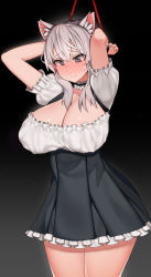 Rule 34 | 1girl, absurdres, animal ears, arms behind head, arms up, bdsm, black background, black dress, blue eyes, blush, bondage, bound, breasts, choker, cleavage, commission, dress, frilled neckwear, full-face blush, furrowed brow, gradient background, grey background, highres, large breasts, looking down, original, pleated dress, puffy sleeves, red rope, restrained, rope, short dress, short sleeves, shufflebox, sidelocks, solo, strapless, strapless dress, sweatdrop, thighs, wavy mouth, white hair, white neckwear