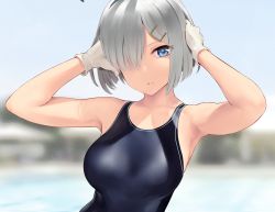 Rule 34 | 1girl, animal ears, blue eyes, blue one-piece swimsuit, breasts, collarbone, competition swimsuit, cowboy shot, fake animal ears, gloves, hair ornament, hair over one eye, hairclip, hamakaze (kancolle), kantai collection, large breasts, neckerchief, one-piece swimsuit, outdoors, pool, rabbit ears, short hair, silver hair, solo, swimsuit, wa (genryusui), water, white gloves, yellow neckerchief