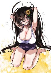 Rule 34 | 1girl, armpits, arms up, bare legs, barefoot, black hair, breasts, brown eyes, cleavage, copyright request, dolphin shorts, feet, flower, flying sweatdrops, full body, glasses, hair flower, hair ornament, head tilt, highres, hirowa nagi, large breasts, long hair, looking at viewer, messy hair, round eyewear, shorts, simple background, sleeveless, solo, sunflower, sunflower hair ornament, tank top, toes, very long hair, white background