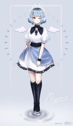 Rule 34 | 1girl, absurdres, bad id, bad twitter id, black socks, blue hair, breasts, detached wings, dress, full body, gradient background, grey background, halo, highres, kneehighs, large breasts, looking at viewer, one eye closed, original, phyrnna, rae laviere (artist), ripples, second-party source, short hair, signature, smile, socks, solo, standing, twitter username, white background, white footwear, wings, yellow eyes