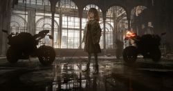 Rule 34 | 1girl, architecture, boots, brown eyes, brown hair, cloud, cloudy sky, day, golf club, highres, indoors, lm7 (op-center), looking at viewer, motor vehicle, motorcycle, pantyhose, puddle, reflection, reflective floor, skirt, sky, solo, standing, wet floor
