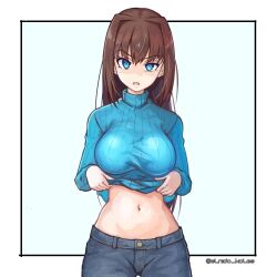 Rule 34 | 1girl, annoyed, aozaki aoko, blue eyes, blue sweater, breasts, brown hair, clothes lift, commentary, denim, disgust, hair intakes, highres, jeans, kore (kore), large breasts, long hair, mahou tsukai no yoru, navel, pants, shirt lift, simple background, solo, stomach, sweater, turtleneck, turtleneck sweater, twitter username, type-moon