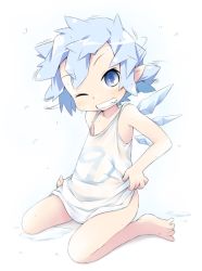 Rule 34 | 1girl, barefoot, blue eyes, blue hair, bottomless, cirno, grin, ham (points), matching hair/eyes, messy hair, one eye closed, oversized clothes, pointy ears, see-through, sitting, smile, solo, tank top, touhou, wariza, wings, wink